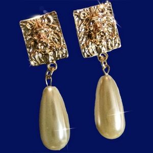 Gold Lion's Face Pearl Dangle Revamped Earrings